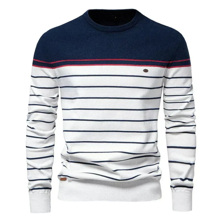 Gestreifter Rundhals-Pullover mit marineblauer Schulterpartie