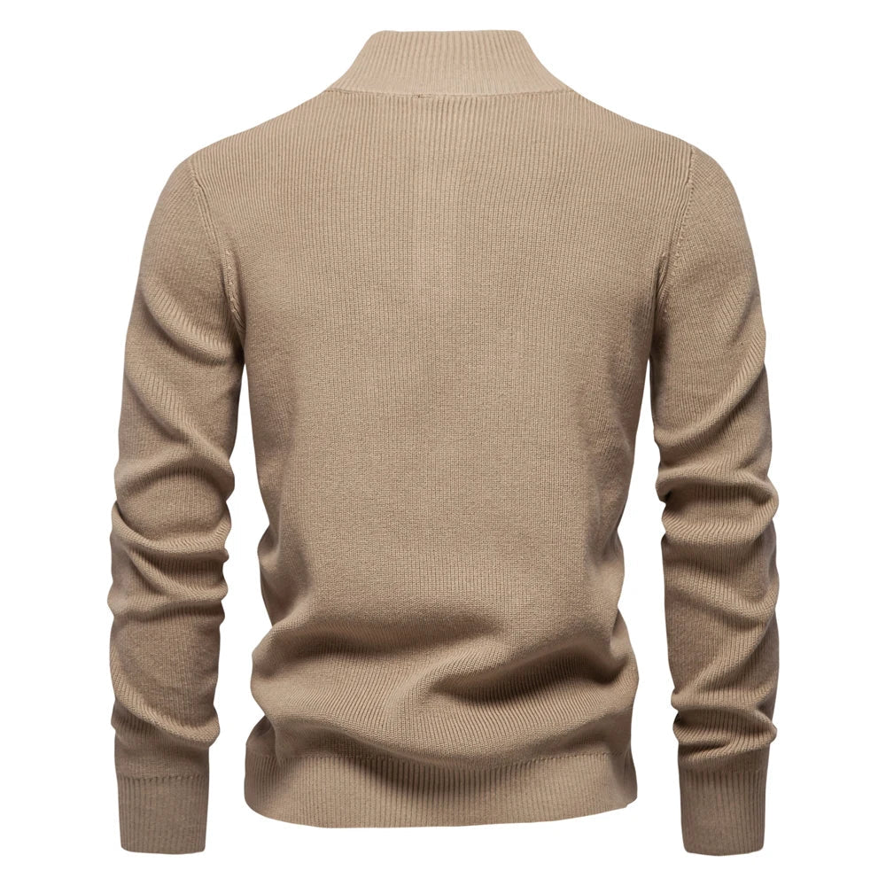 Taupefarbener Henley-Strickpullover mit Stehkragen