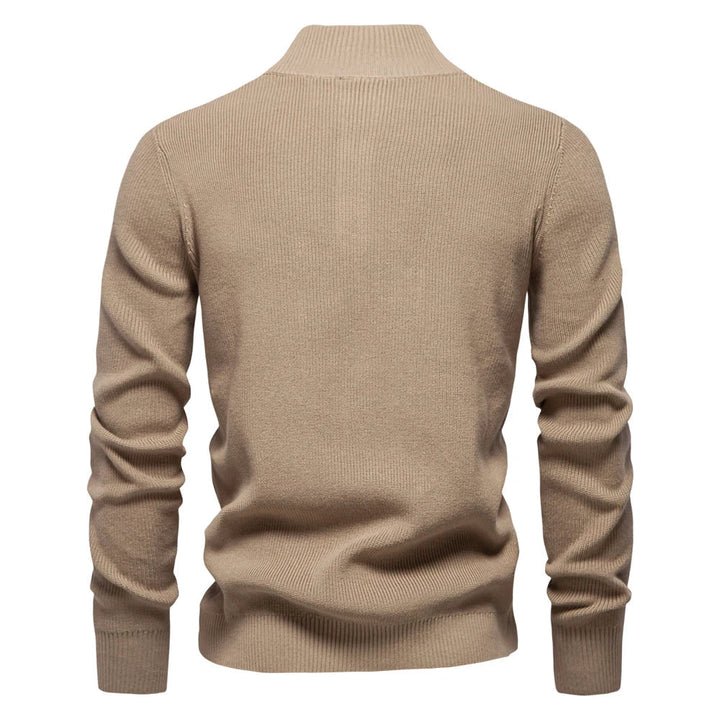 Taupefarbener Henley-Strickpullover mit Stehkragen