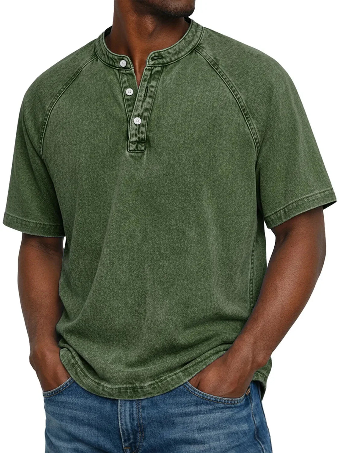 Dunkelgraues Kurzarm-Shirt mit Henley-Ausschnitt und Raglanärmeln