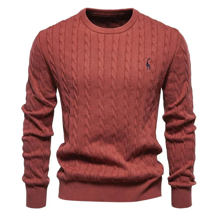 Marineblauer Zopfstrickpullover mit rotem Logo-Detail