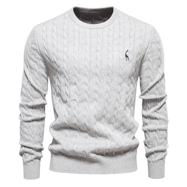 Marineblauer Zopfstrickpullover mit rotem Logo-Detail