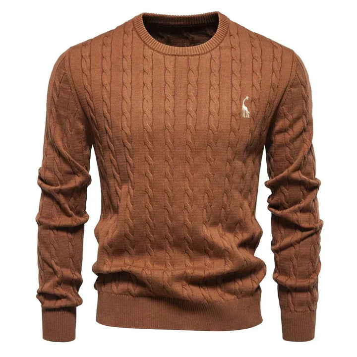 Marineblauer Zopfstrickpullover mit rotem Logo-Detail