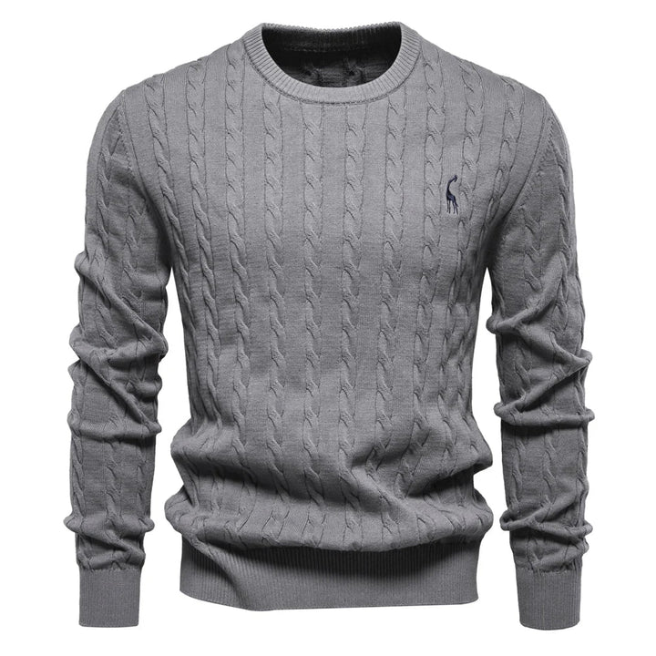 Marineblauer Zopfstrickpullover mit rotem Logo-Detail