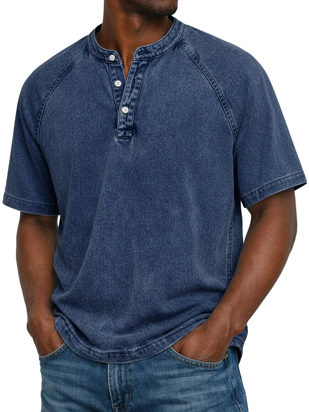 Dunkelgraues Kurzarm-Shirt mit Henley-Ausschnitt und Raglanärmeln