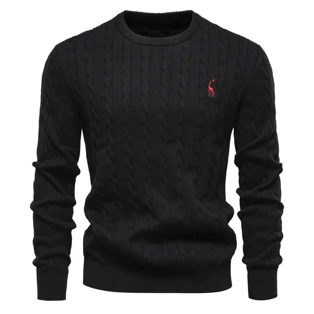 Marineblauer Zopfstrickpullover mit rotem Logo-Detail