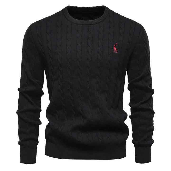 Marineblauer Zopfstrickpullover mit rotem Logo-Detail