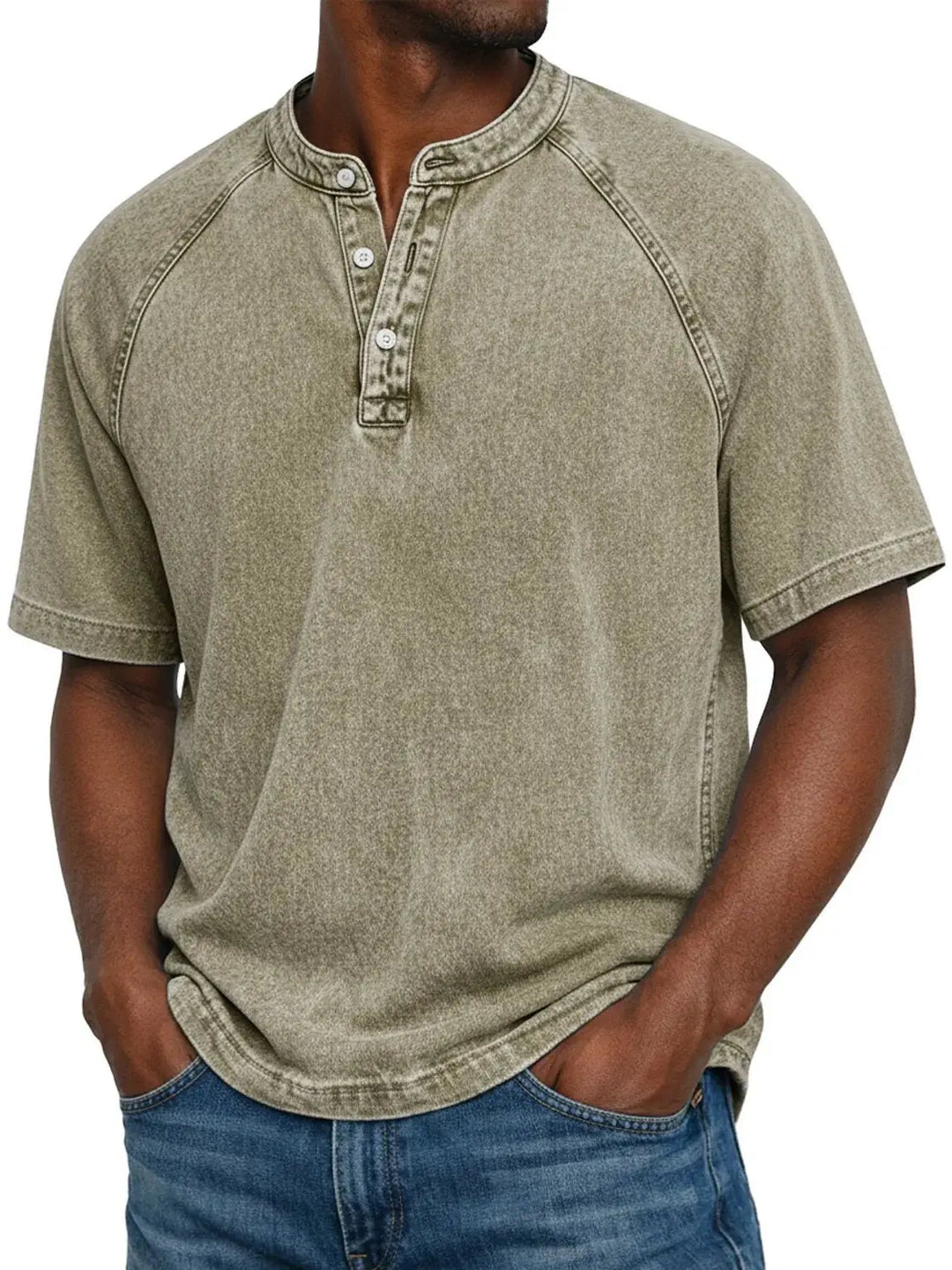 Dunkelgraues Kurzarm-Shirt mit Henley-Ausschnitt und Raglanärmeln
