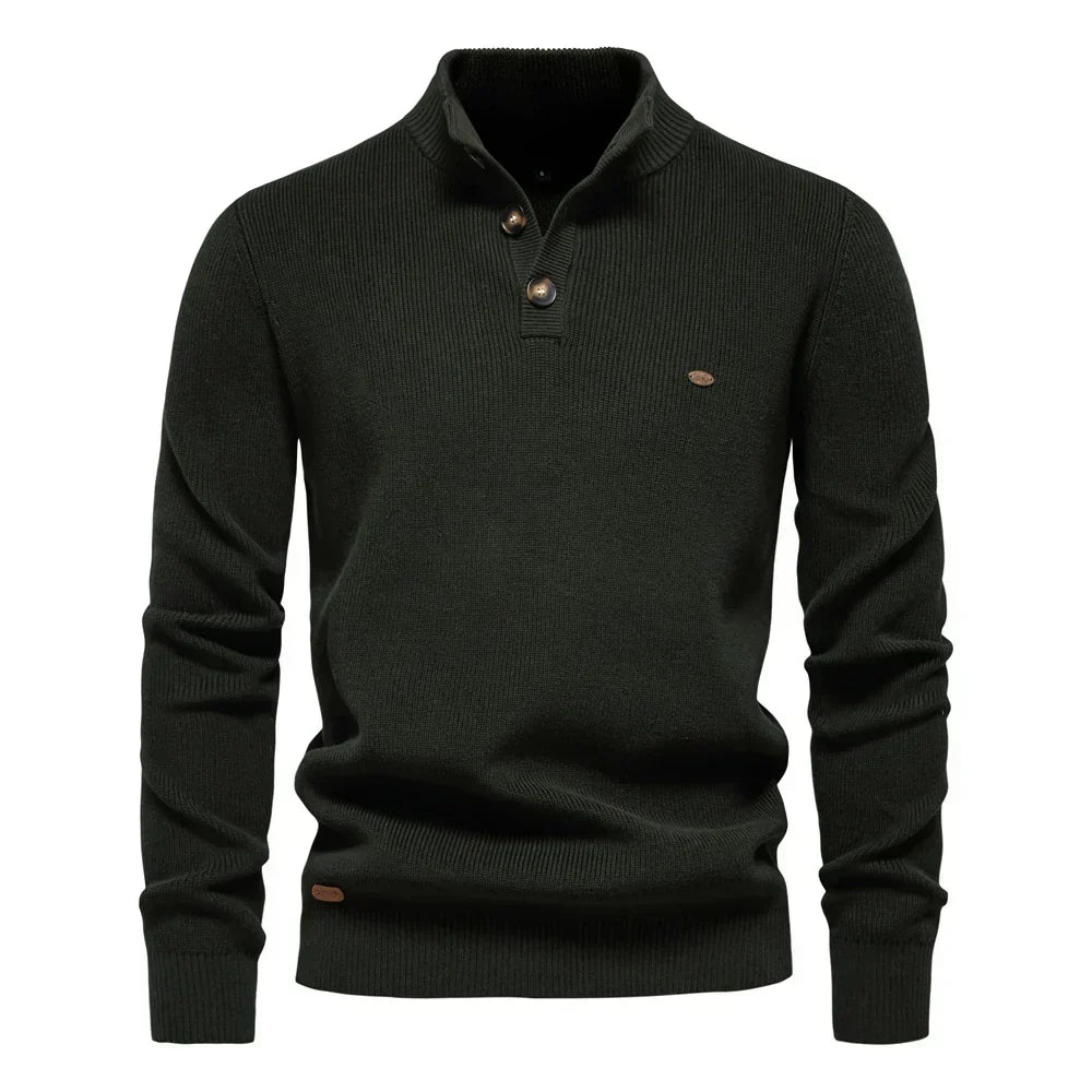Taupefarbener Henley-Strickpullover mit Stehkragen