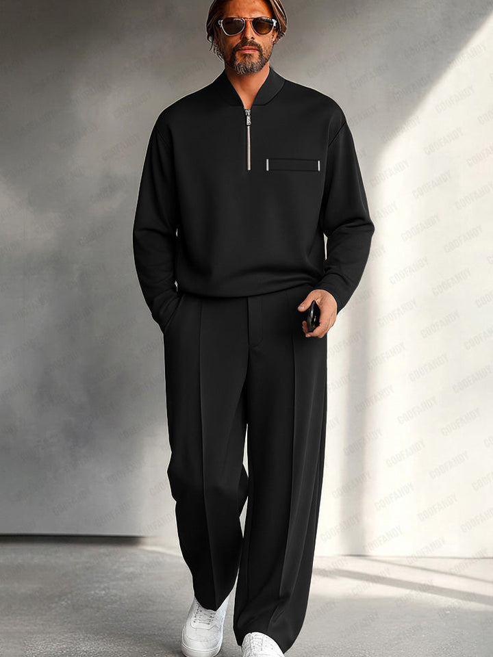 Minimalistisches Quarter-Zip Zweiteiler-Set in Schwarz