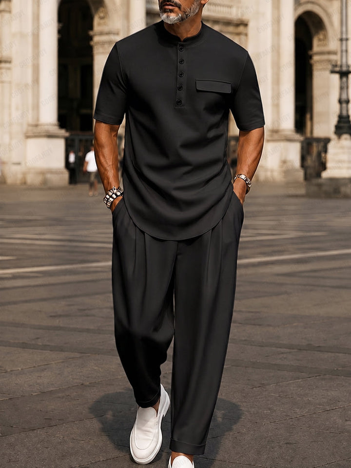 Elegantes Henley-Kragen Zweiteiler-Set in Schwarz