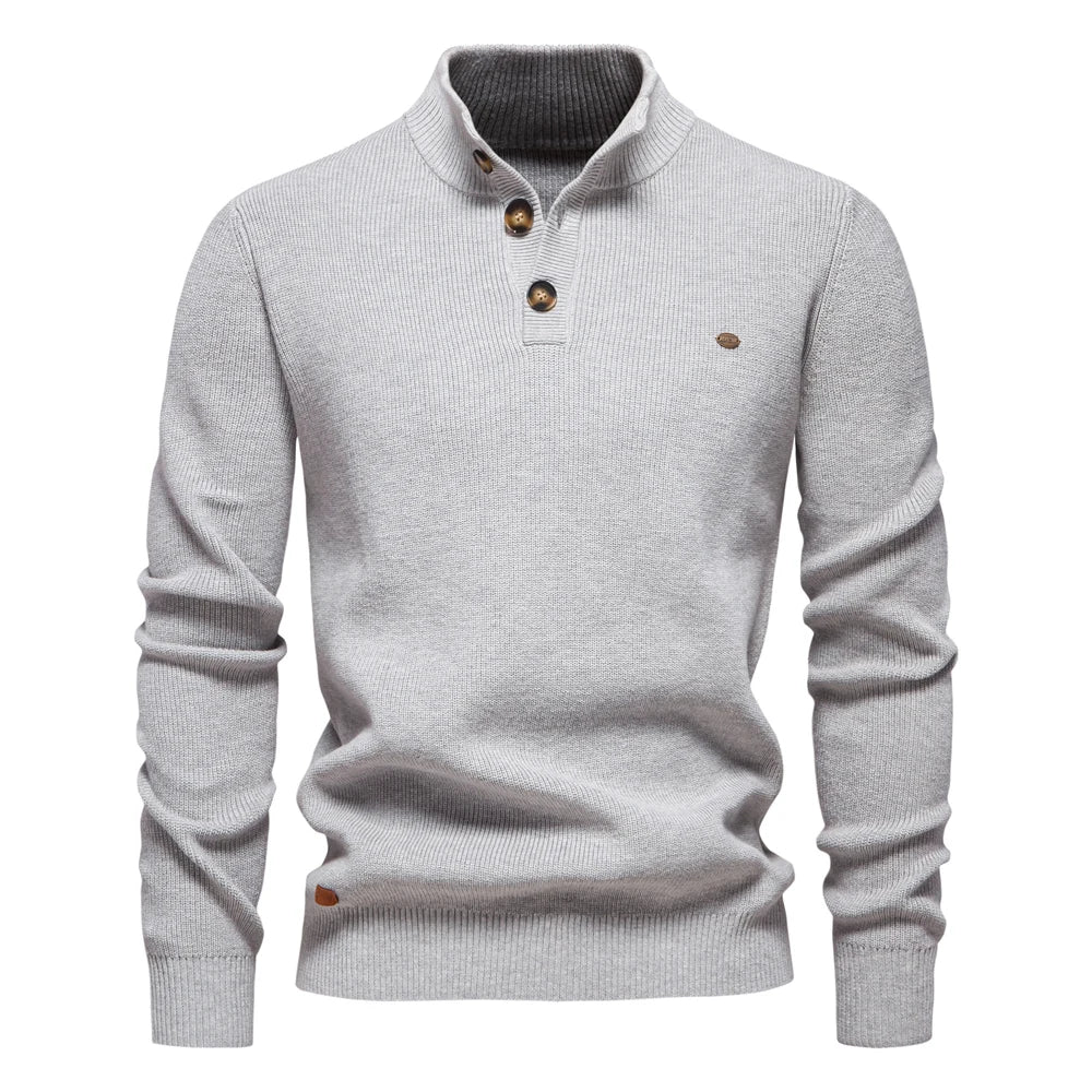Taupefarbener Henley-Strickpullover mit Stehkragen