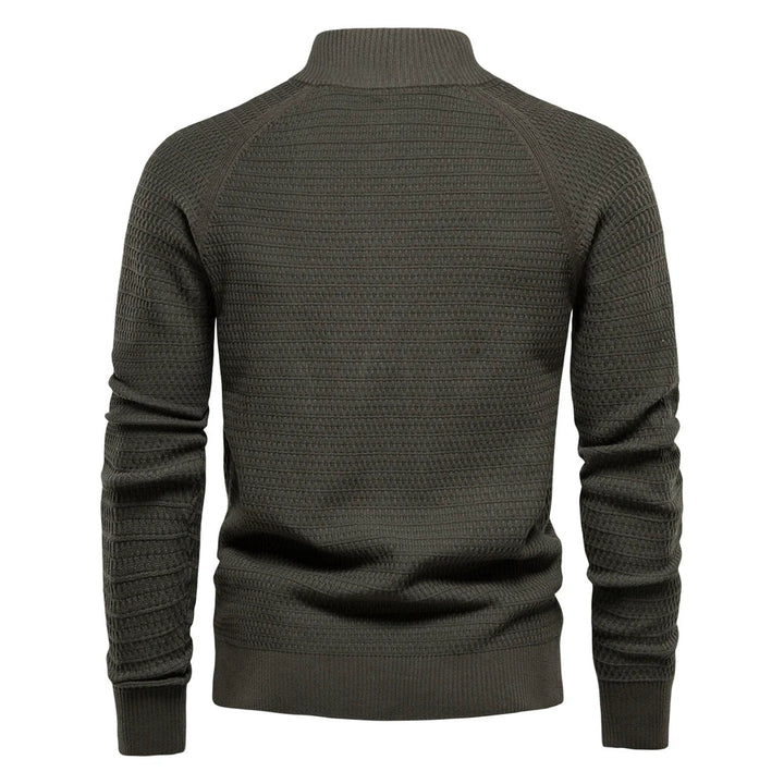 Olivgrüner Stehkragen-Cardigan mit feiner Struktur