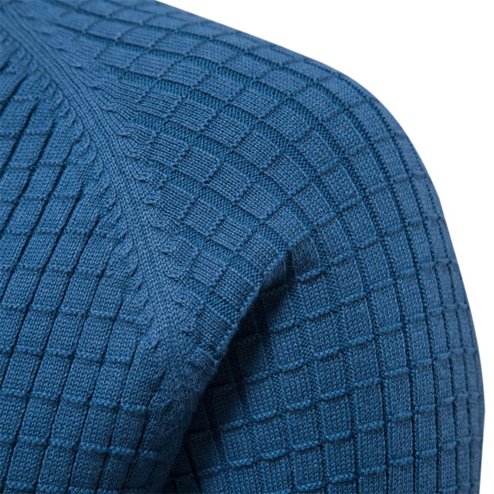 Blauer Waffelstrick-Pullover mit Rundhalsausschnitt