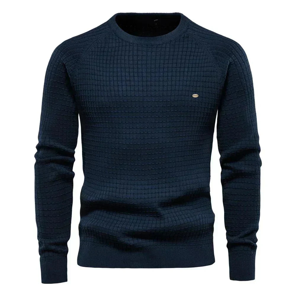 Blauer Waffelstrick-Pullover mit Rundhalsausschnitt