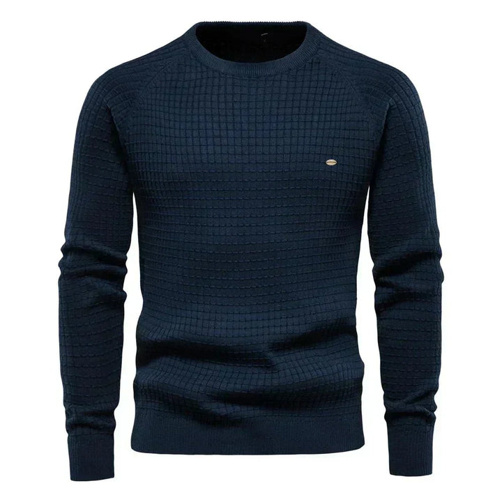 Blauer Waffelstrick-Pullover mit Rundhalsausschnitt