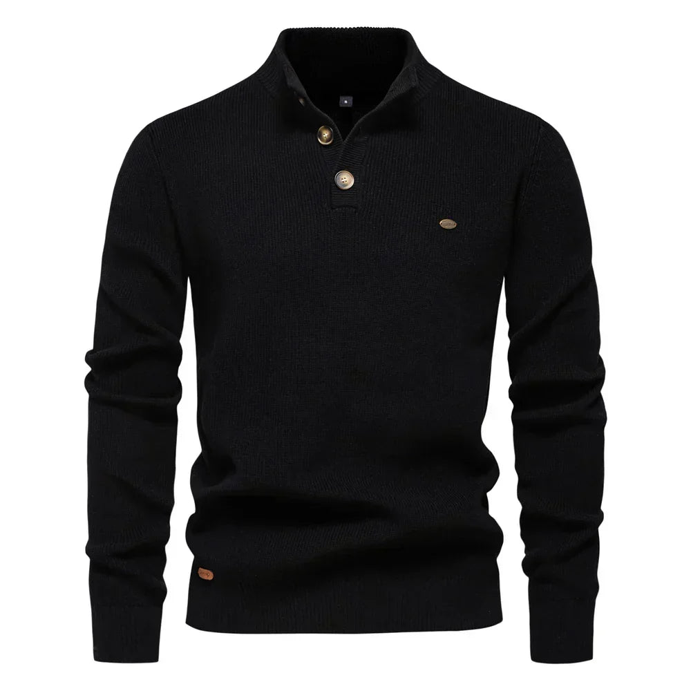 Taupefarbener Henley-Strickpullover mit Stehkragen