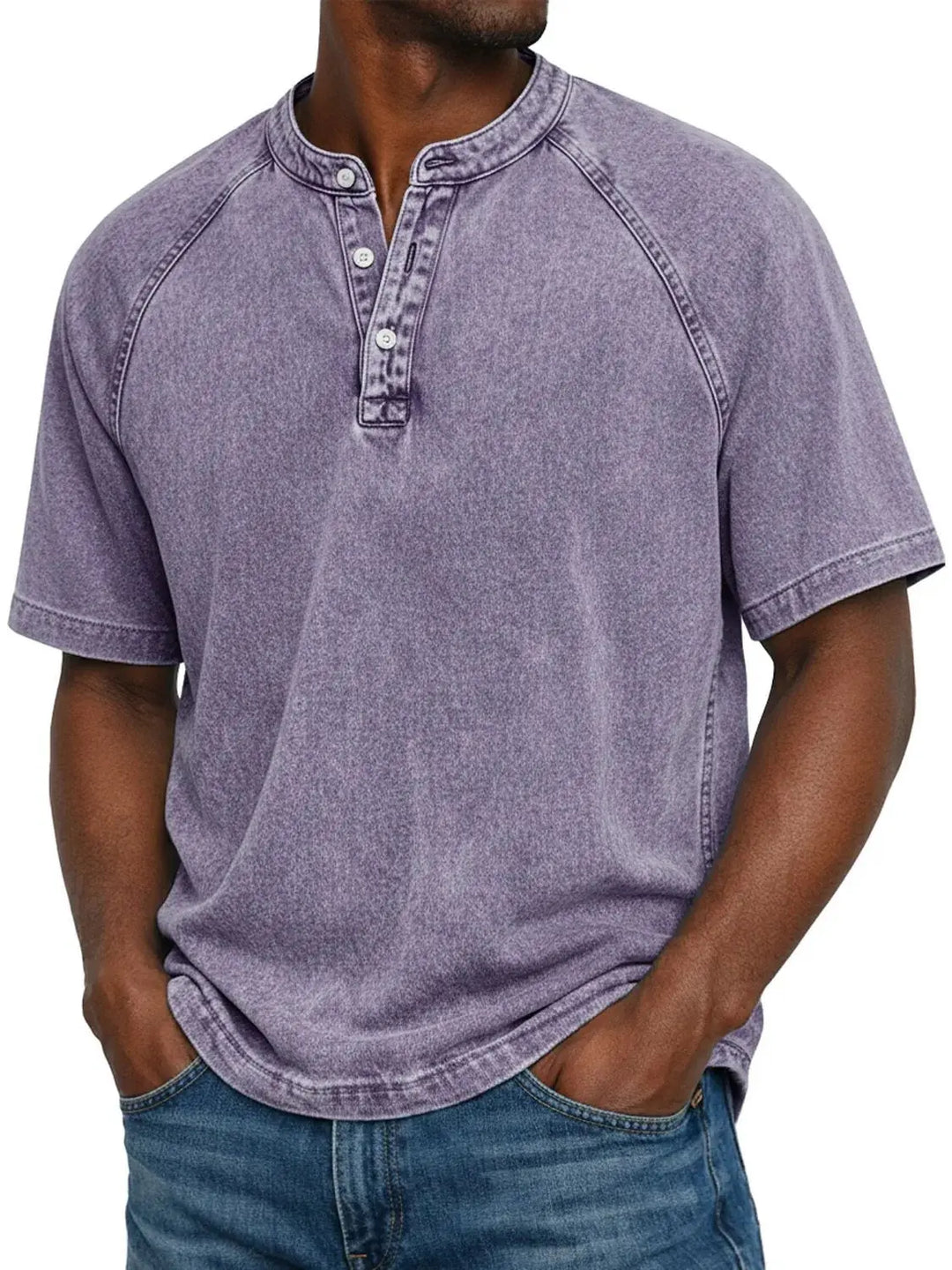 Dunkelgraues Kurzarm-Shirt mit Henley-Ausschnitt und Raglanärmeln