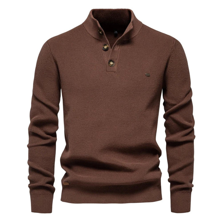 Taupefarbener Henley-Strickpullover mit Stehkragen