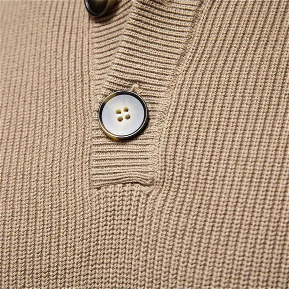 Taupefarbener Henley-Strickpullover mit Stehkragen