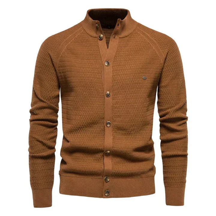 Olivgrüner Stehkragen-Cardigan mit feiner Struktur