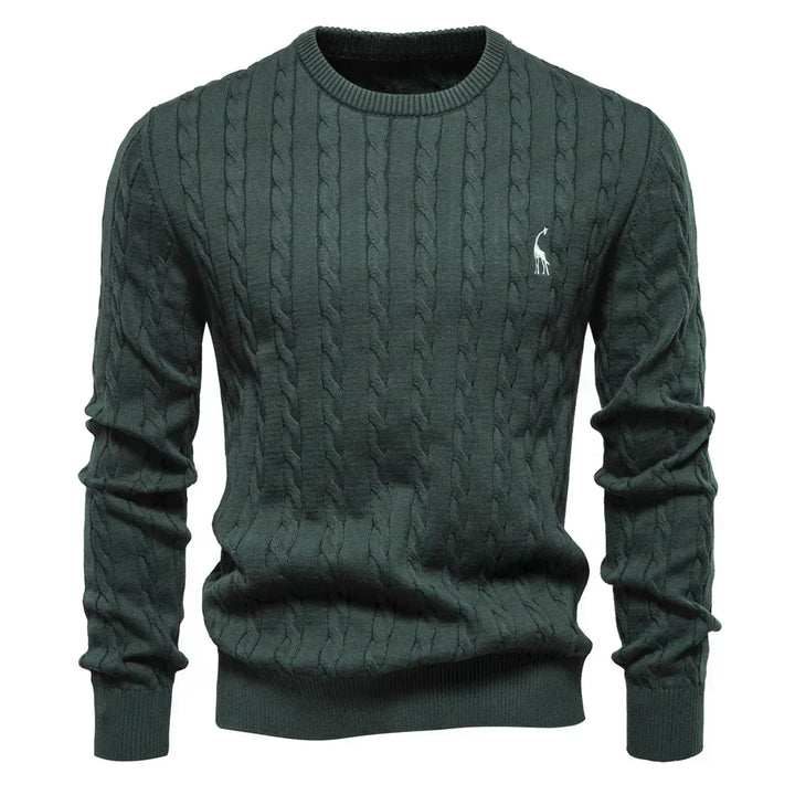 Marineblauer Zopfstrickpullover mit rotem Logo-Detail