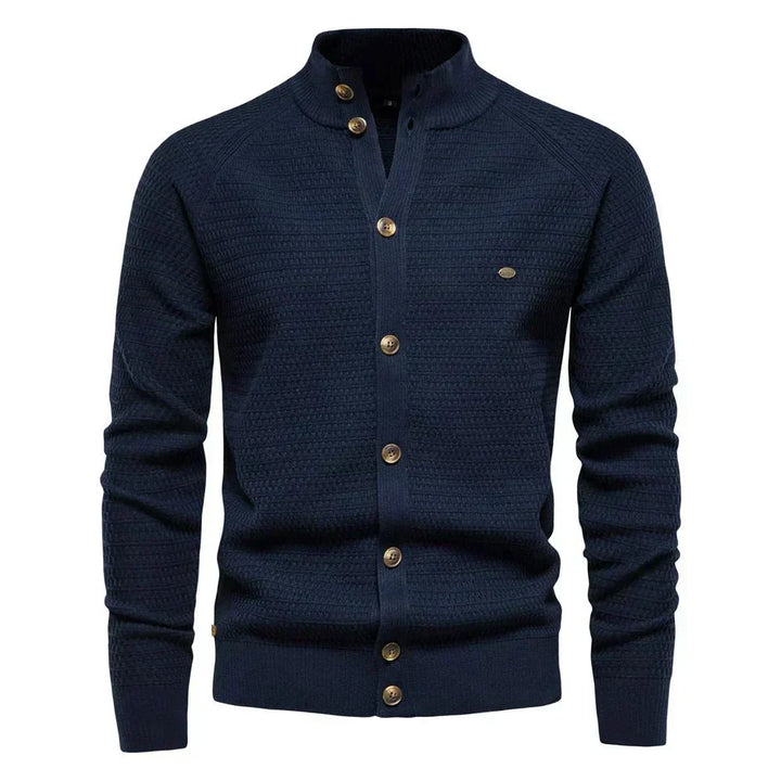 Olivgrüner Stehkragen-Cardigan mit feiner Struktur