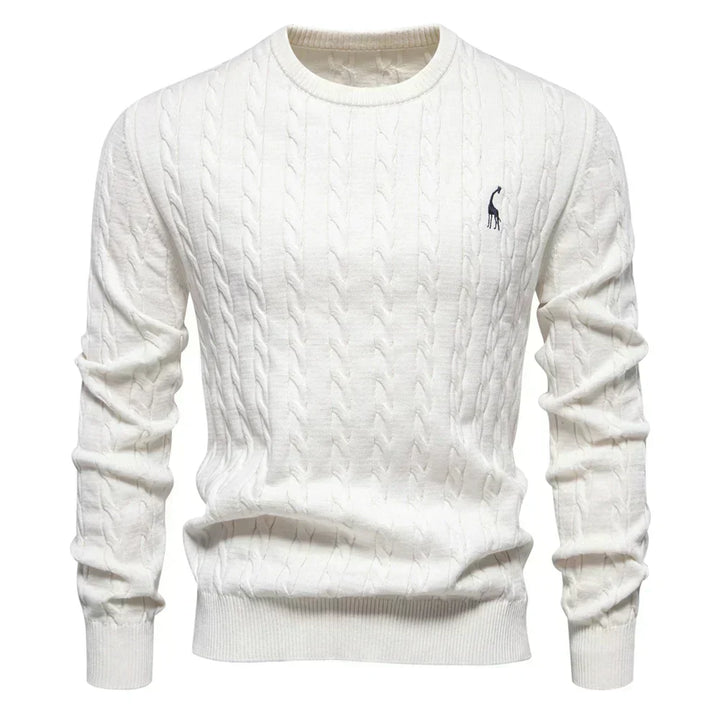 Marineblauer Zopfstrickpullover mit rotem Logo-Detail
