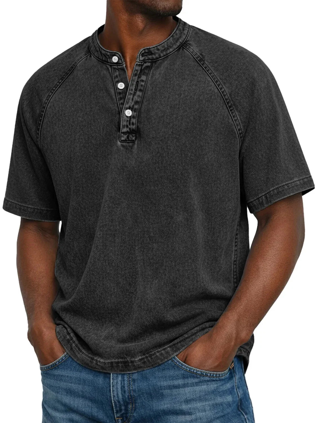Dunkelgraues Kurzarm-Shirt mit Henley-Ausschnitt und Raglanärmeln
