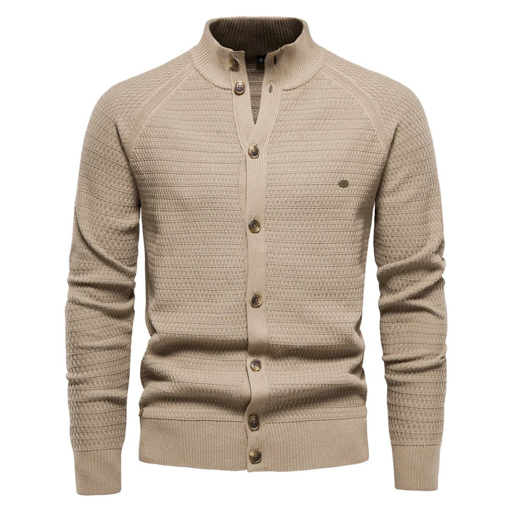 Olivgrüner Stehkragen-Cardigan mit feiner Struktur