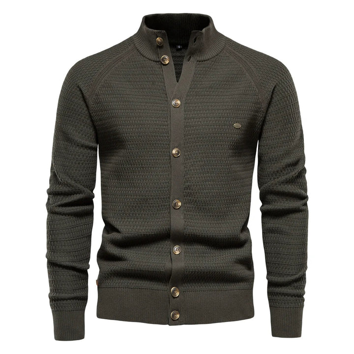 Olivgrüner Stehkragen-Cardigan mit feiner Struktur