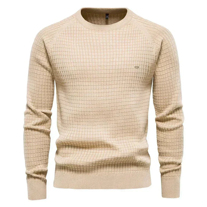 Blauer Waffelstrick-Pullover mit Rundhalsausschnitt