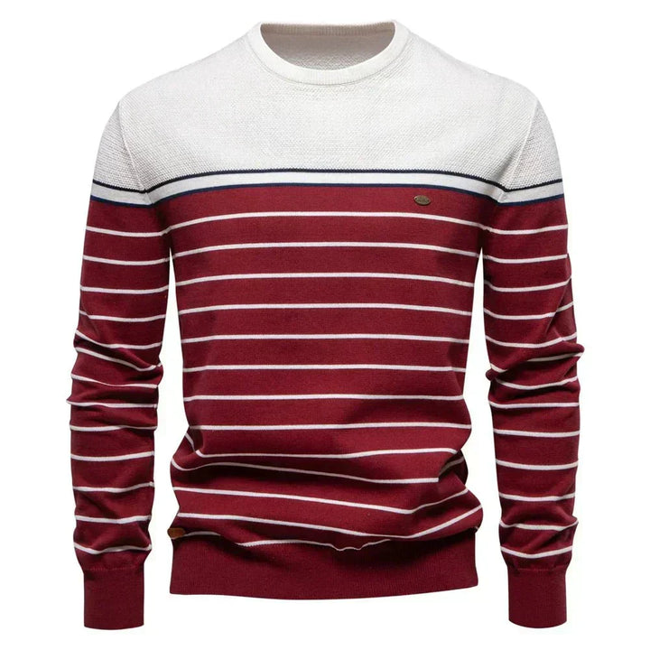 Gestreifter Rundhals-Pullover mit marineblauer Schulterpartie