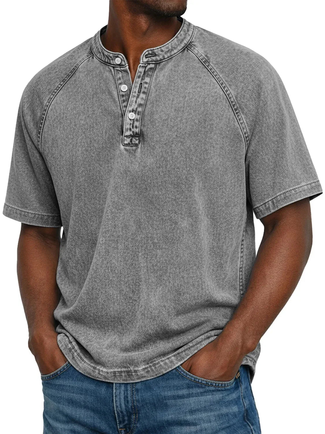 Dunkelgraues Kurzarm-Shirt mit Henley-Ausschnitt und Raglanärmeln