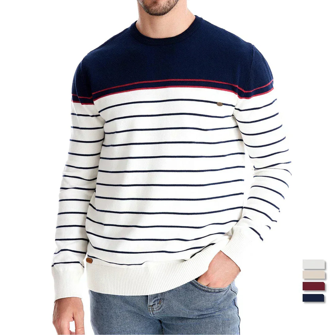 Gestreifter Rundhals-Pullover mit marineblauer Schulterpartie