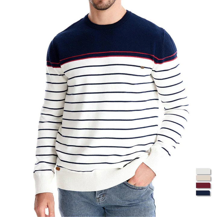 Gestreifter Rundhals-Pullover mit marineblauer Schulterpartie