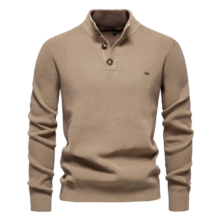 Taupefarbener Henley-Strickpullover mit Stehkragen