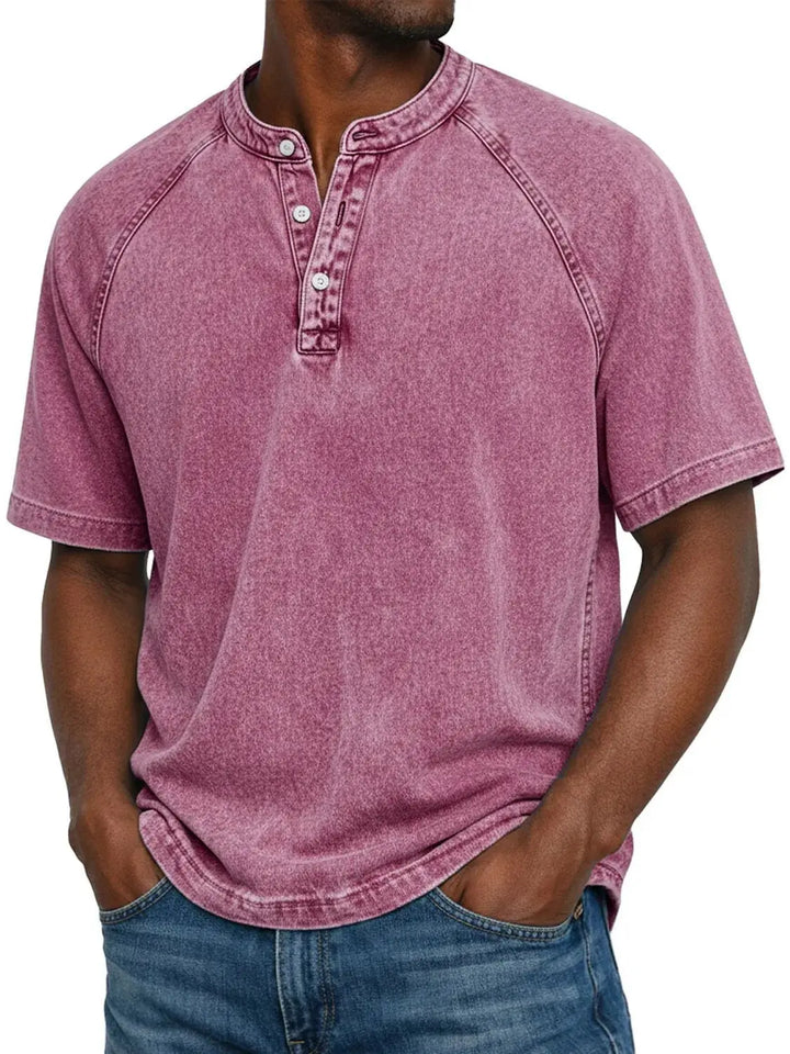 Dunkelgraues Kurzarm-Shirt mit Henley-Ausschnitt und Raglanärmeln