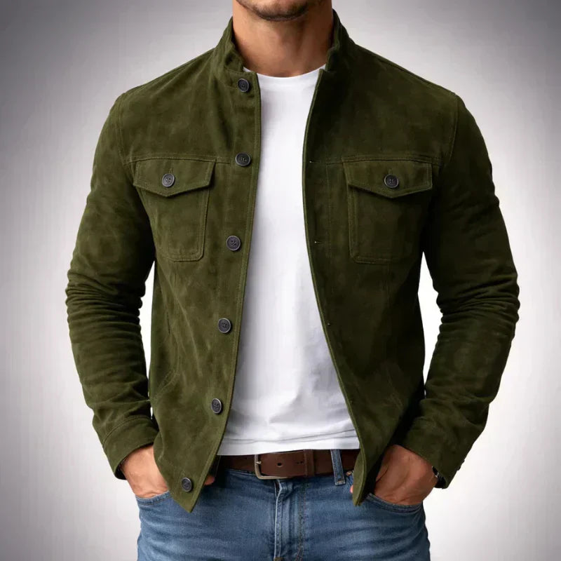 Olivgrüne Hemdjacke in Veloursleder-Optik mit Stehkragen