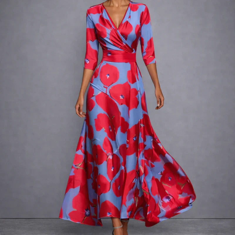Maxikleid in Wickel-Optik mit blauem Aquarell-Print