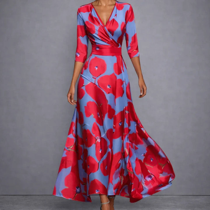 Maxikleid in Wickel-Optik mit blauem Aquarell-Print