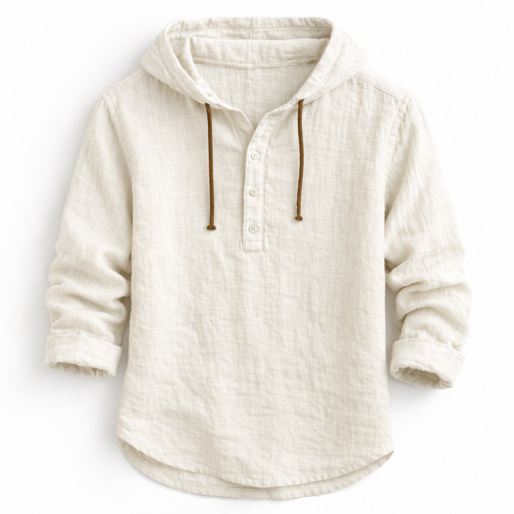Schwarzes Kapuzenhemd mit Henley-Knopfleiste