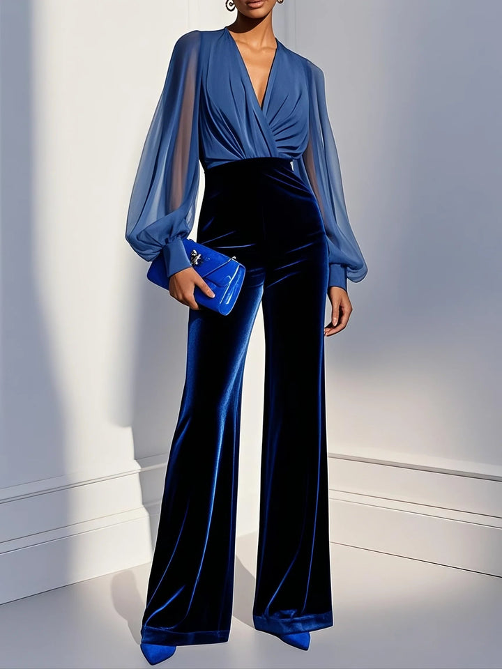 Blau-Jumpsuit mit Samthose und Chiffon-Ärmeln