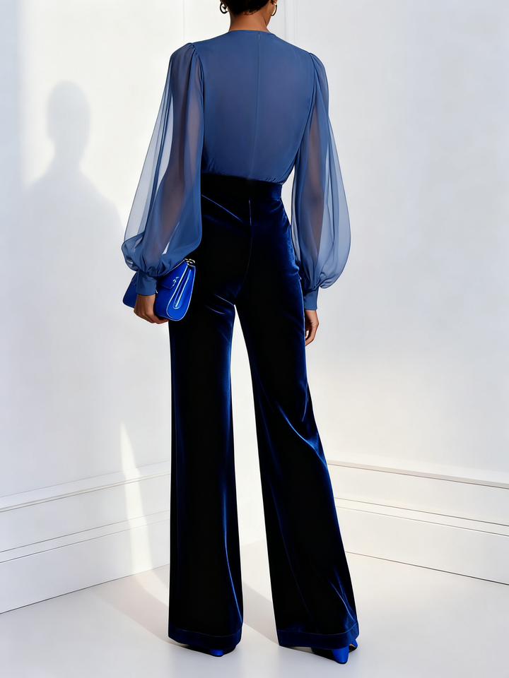 Blau-Jumpsuit mit Samthose und Chiffon-Ärmeln