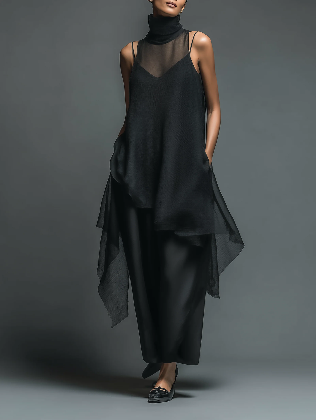 Zweiteiliges Set mit asymmetrischem Rollkragen-Top und weiter Hose