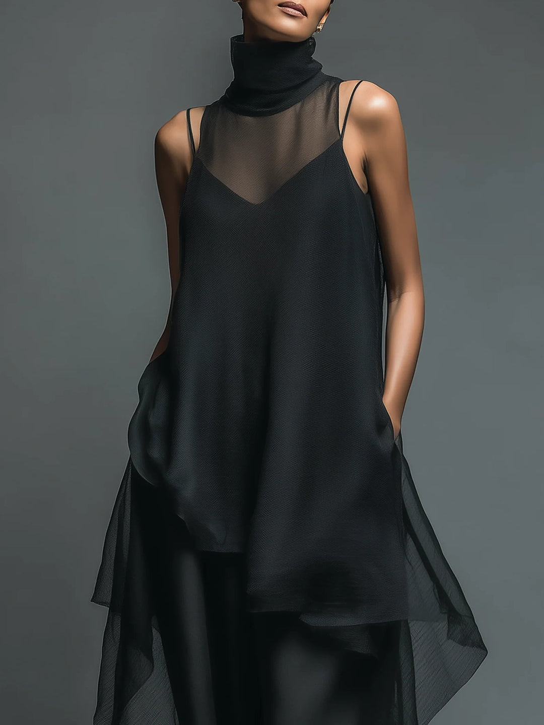 Zweiteiliges Set mit asymmetrischem Rollkragen-Top und weiter Hose
