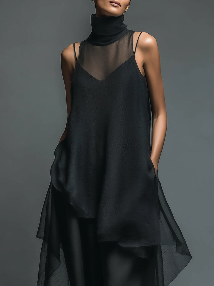 Zweiteiliges Set mit asymmetrischem Rollkragen-Top und weiter Hose