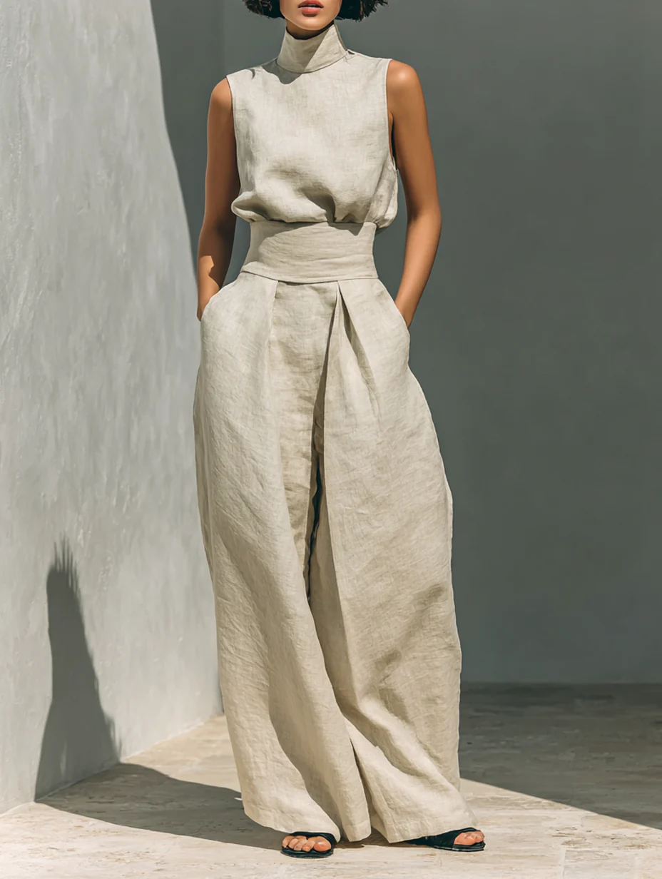 Ärmelloses Set mit Stehkragen und weiter Bundfaltenhose