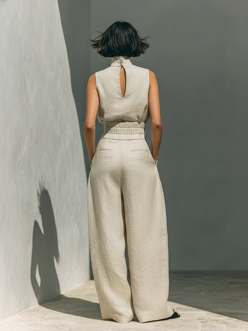 Ärmelloses Set mit Stehkragen und weiter Bundfaltenhose