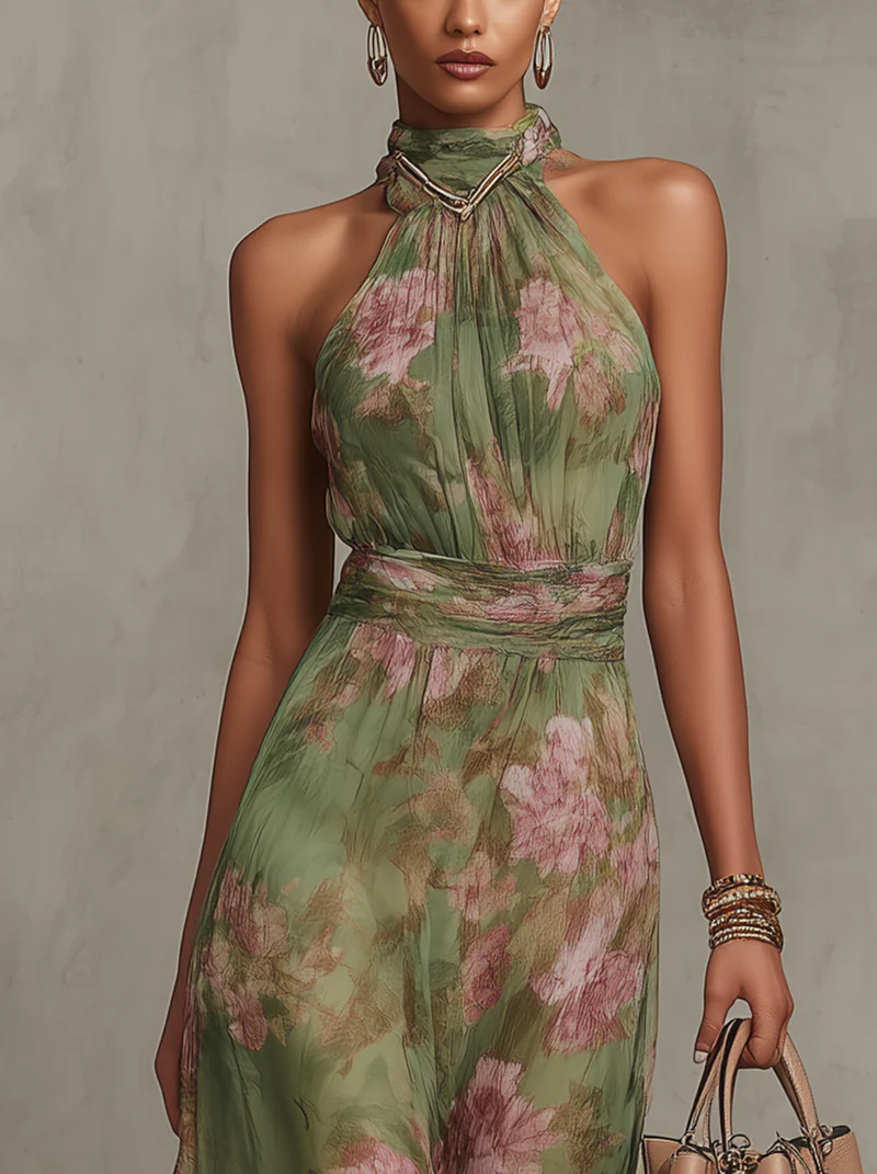 Elegantes Maxikleid mit Halfter-Ausschnitt und Blumenmuster